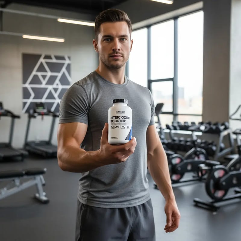 Hombre en el gimnasio sosteniendo el frasco del suplemento de óxido nítrico antes de entrenar