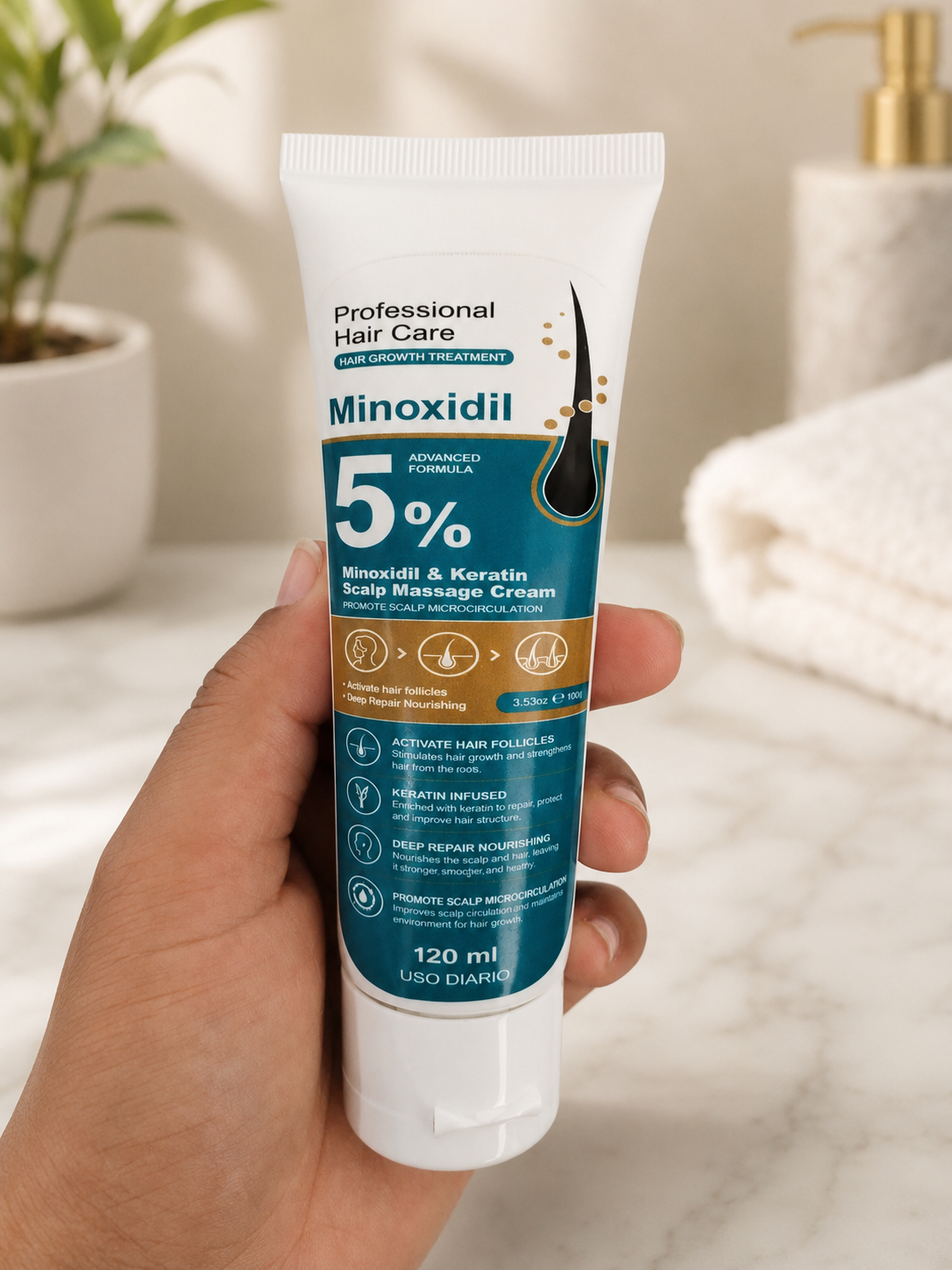 Tubo de Professional Hair Care Minoxidil 5% con queratina, tratamiento capilar de 120 ml para el crecimiento del cabello