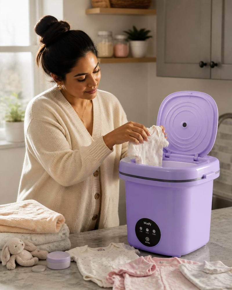 Mini lavadora portátil lavando prendas delicadas y ropa de bebé