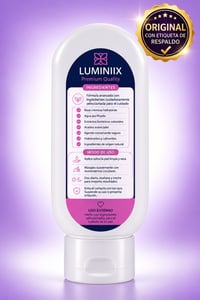 Foto real de la etiqueta de Luminiix 3 en 1 con ingredientes, modo de uso y advertencias