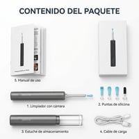 Contenido del paquete del limpiador de oídos con cámara: dispositivo, puntas de silicona, estuche, cable de carga y manual