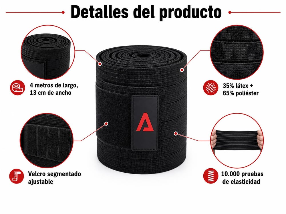 Detalle del vendaje elástico negro de 4 metros con cierre de velcro segmentado y su tabla de medidas