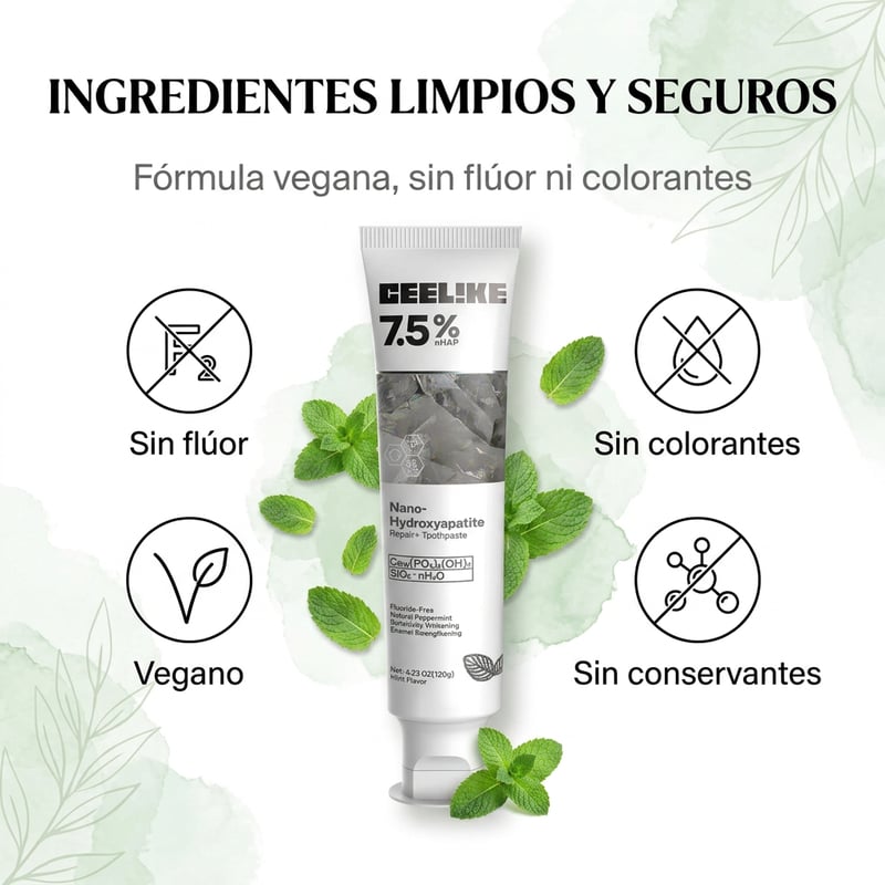 Ingredientes limpios y seguros: fórmula vegana, sin flúor ni colorantes