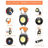Funciones de la luz LED de trabajo portátil: encendedor, destornillador, abrebotellas, imán, mosquetón y silbato de emergencia