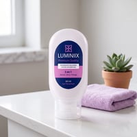 Frasco de Luminiix 3 en 1 de 60 ml sobre el mesón del baño con toalla lila