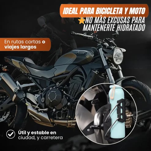 Portabidón instalado en una moto sosteniendo una botella térmica, ideal para bicicleta y moto