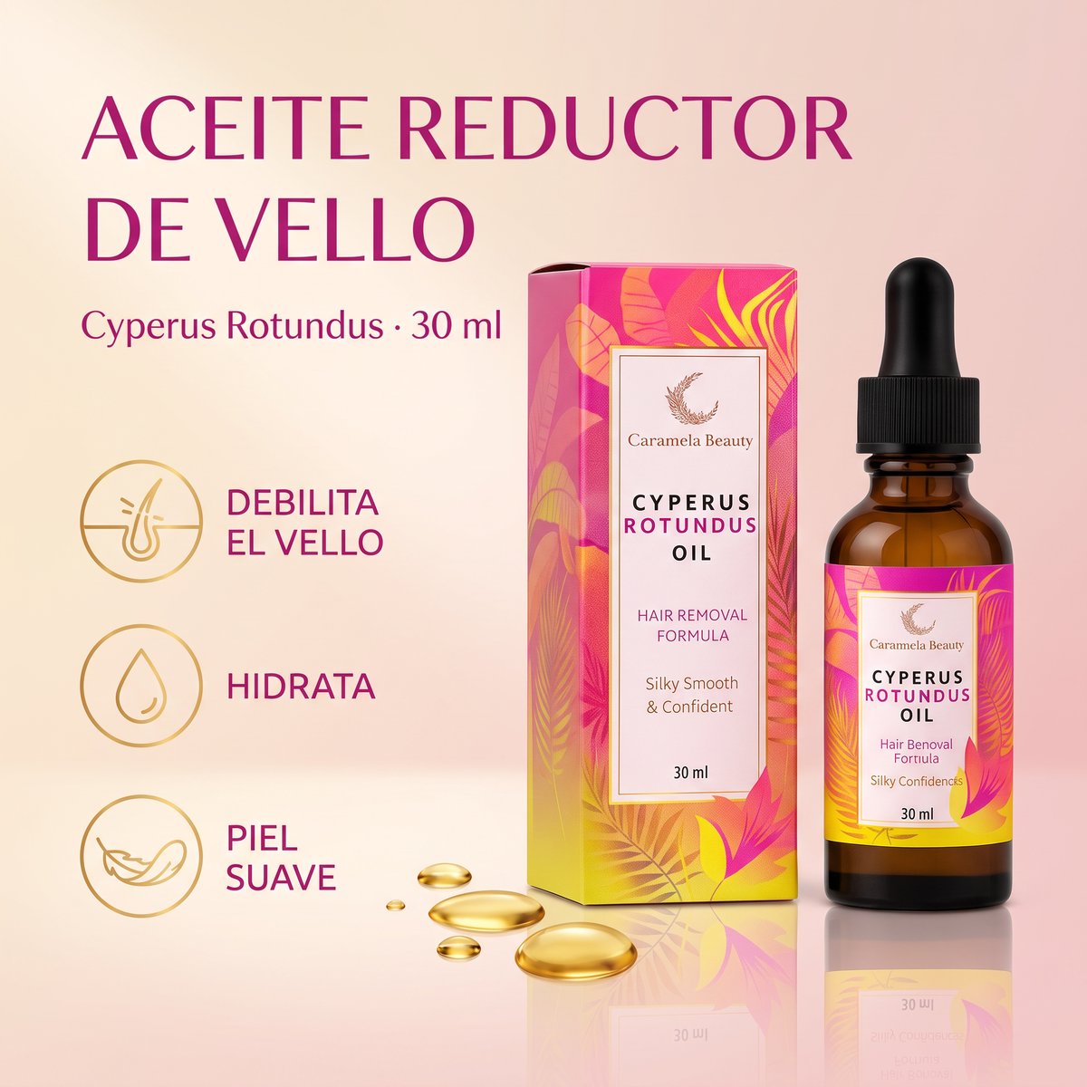 Portada del Aceite Cyperus Rotundus de 30 ml para la reducción natural del vello: 100% natural, hidrata y de uso diario