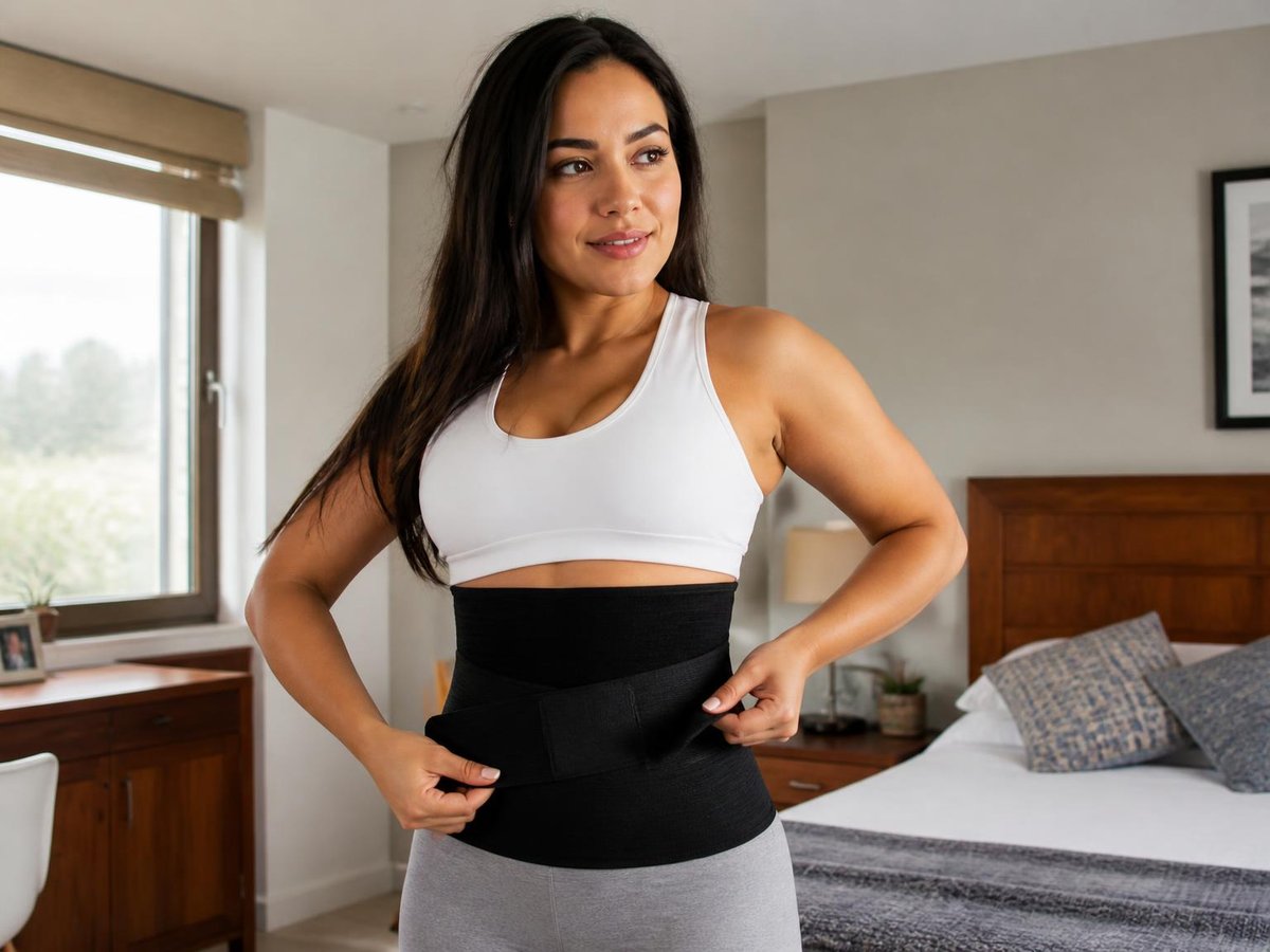 Mujer usando la faja de vendaje elástico ajustable negra de 4 metros sobre la cintura en un dormitorio moderno