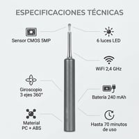 Especificaciones técnicas del limpiador de oídos: sensor CMOS, 6 LED, WiFi, batería y giroscopio 360°
