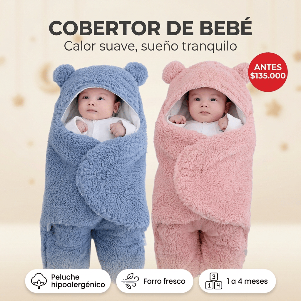 Cobertor de bebé térmico tipo peluche con capota de orejas de oso en azul y rosado