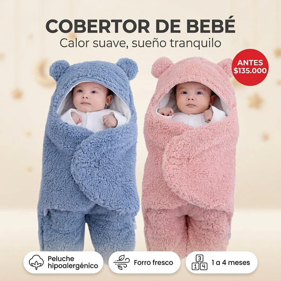Cobertor de bebé térmico tipo peluche con capota de orejas de oso en azul y rosado