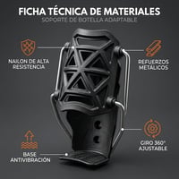 Ficha técnica de materiales del portabidón: nailon de alta resistencia, refuerzos metálicos, base antivibración y giro 360°