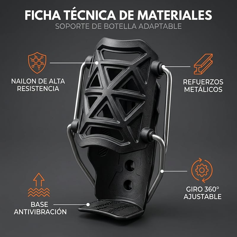 Ficha técnica de materiales del portabidón: nailon de alta resistencia, refuerzos metálicos, base antivibración y giro 360°