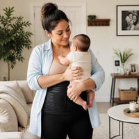 Mamá en recuperación posparto usando la faja reductora mientras carga a su bebé