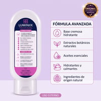 Etiqueta de Luminiix con la lista de ingredientes y el modo de uso del tratamiento contra verrugas