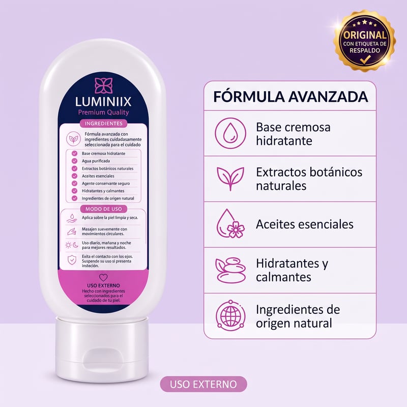 Etiqueta de Luminiix con la lista de ingredientes y el modo de uso del tratamiento contra verrugas
