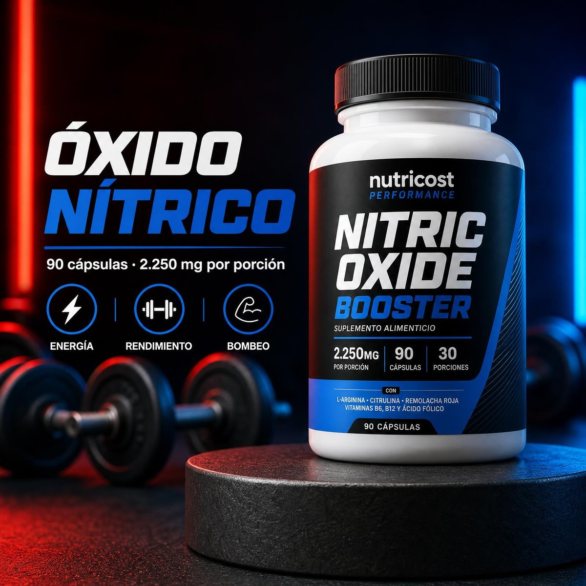Portada del suplemento de óxido nítrico Nutricost Performance: frasco blanco de 90 cápsulas con 2.250 mg por porción sobre podio con luces rojas y azules de gimnasio