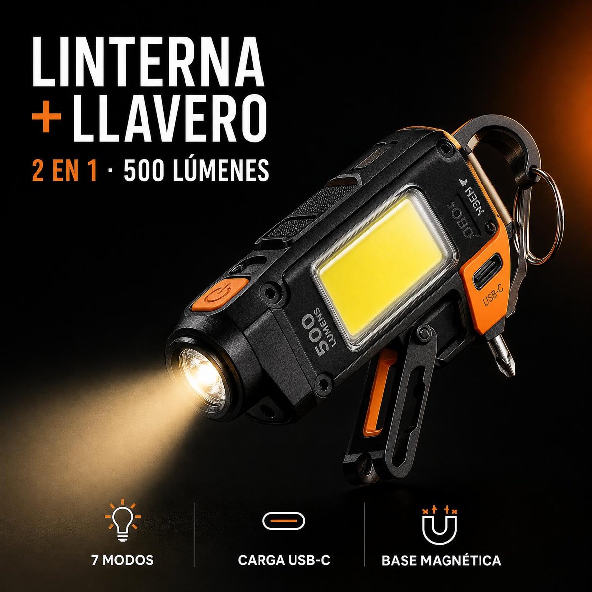 Portada de la Linterna y llavero 2 en 1: linterna COB negra y naranja de 500 lúmenes con 7 modos, carga USB-C y base magnética