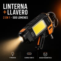 Portada de la Linterna y llavero 2 en 1: linterna COB negra y naranja de 500 lúmenes con 7 modos, carga USB-C y base magnética