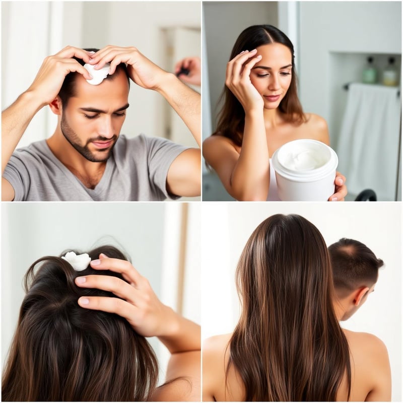 Hombres y mujeres aplicando la crema de Minoxidil 5% en el cuero cabelludo