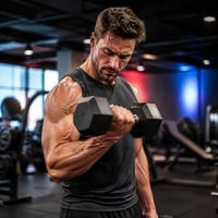 El mismo hombre entrenando con energía y bombeo muscular visible mientras levanta una mancuerna