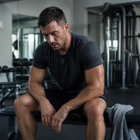 Hombre agotado sentado en una banca del gimnasio con poca energía durante su entrenamiento