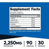 Tabla de información nutricional (Supplement Facts) del suplemento de óxido nítrico: 90 cápsulas, 30 porciones y 2.250 mg por porción