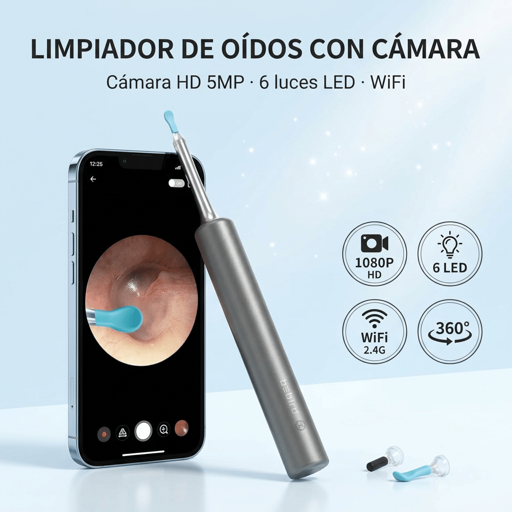 Limpiador de oídos con cámara HD y luz LED conectado al celular para limpieza en tiempo real