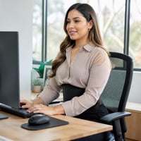 Mujer en la oficina con mejor postura usando la faja reductora bajo la blusa