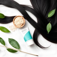 Tratamiento capilar con Minoxidil 5%, queratina y activos botánicos junto a cabello sano y brillante