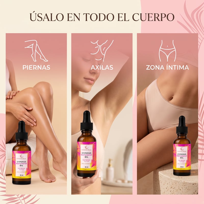 Aceite corporal de Cyperus Rotundus junto a toalla, raíces de nutgrass y hoja de palma