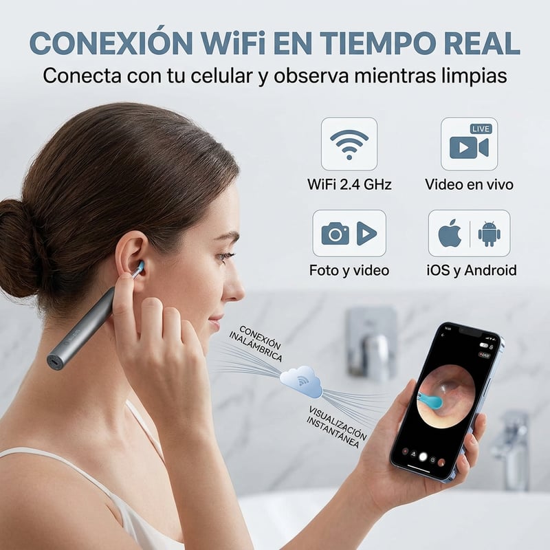 Limpiador de oídos conectado por WiFi a la app del celular mostrando la imagen en vivo