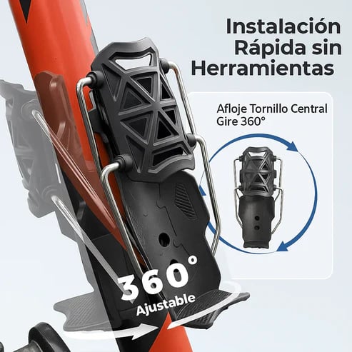 Instalación rápida sin herramientas del portabidón: aflojar el tornillo central y girar 360° para ajustarlo