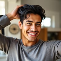 Hombre sonriente con cabello abundante y saludable después del tratamiento capilar