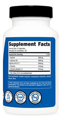 Etiqueta posterior del suplemento Nitric Oxide con información nutricional y sellos de calidad GMP y Non-GMO