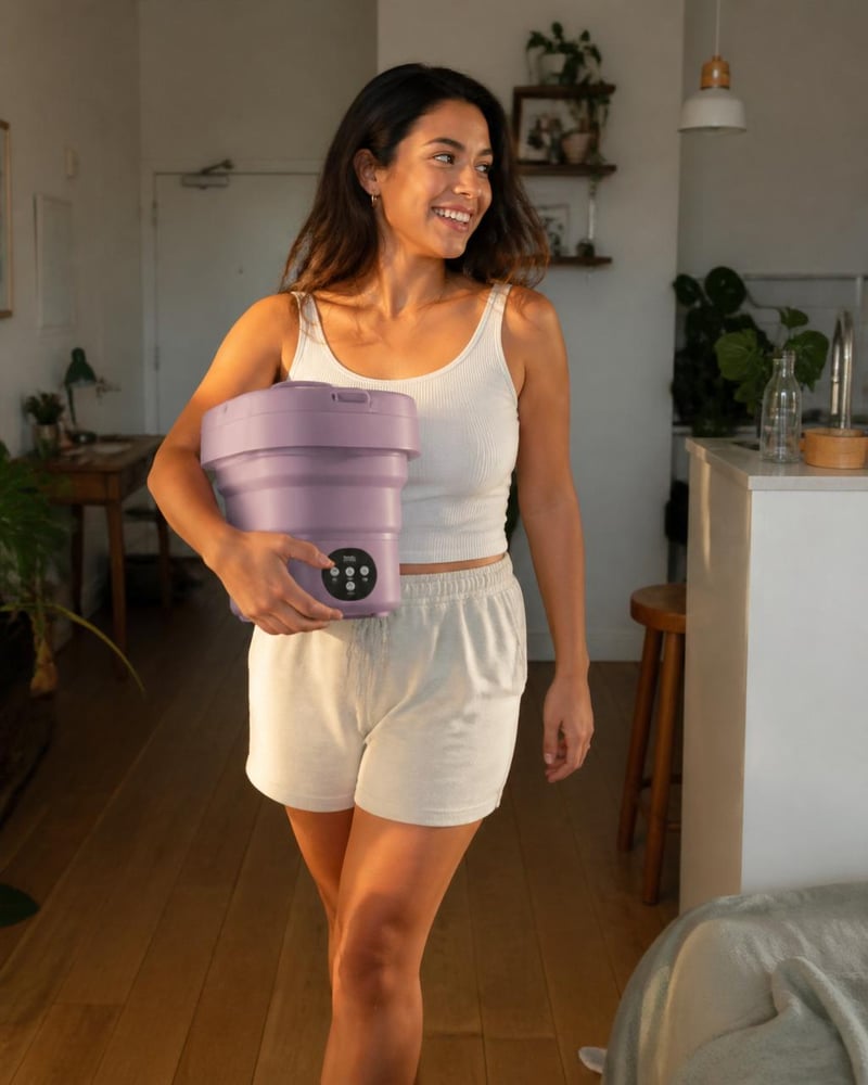 Mini lavadora portátil usada en apartamento, camping y viaje