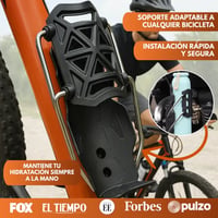 Portabidón negro instalado en el cuadro naranja de una bicicleta: soporte adaptable, instalación rápida y segura