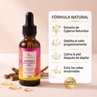 Ingredientes naturales del aceite: raíz de nutgrass, jojoba, almendra dulce, rosa mosqueta, árbol de té y aloe vera
