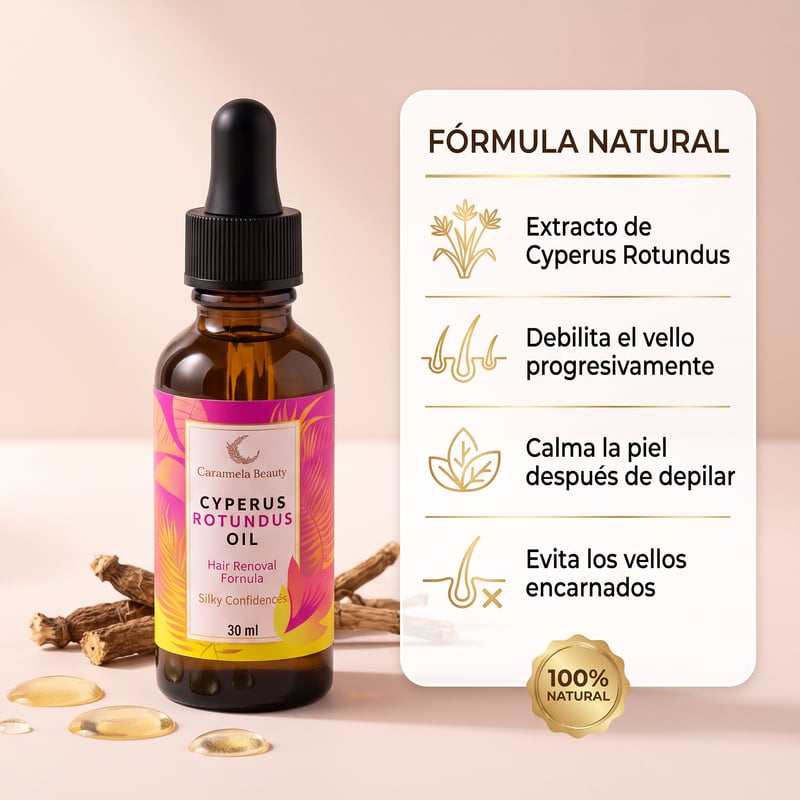 Ingredientes naturales del aceite: raíz de nutgrass, jojoba, almendra dulce, rosa mosqueta, árbol de té y aloe vera