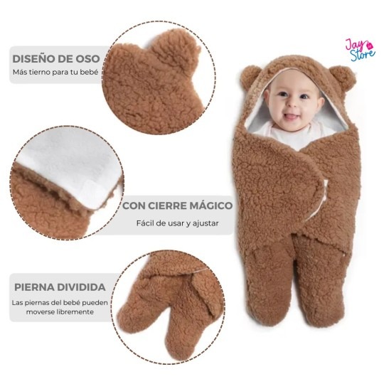Diseño del cobertor de bebé: capota de oso, cierre mágico y pierna dividida