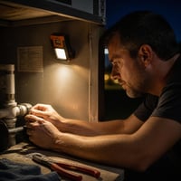 Hombre reparando una tubería de noche con la mini linterna COB fijada por su imán a una superficie metálica