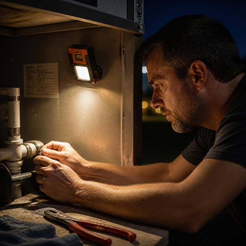 Hombre reparando una tubería de noche con la mini linterna COB fijada por su imán a una superficie metálica