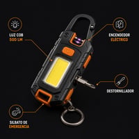 Infografía de funciones de la linterna llavero 2 en 1: luz COB de 500 lúmenes, encendedor eléctrico, destornillador y silbato de emergencia