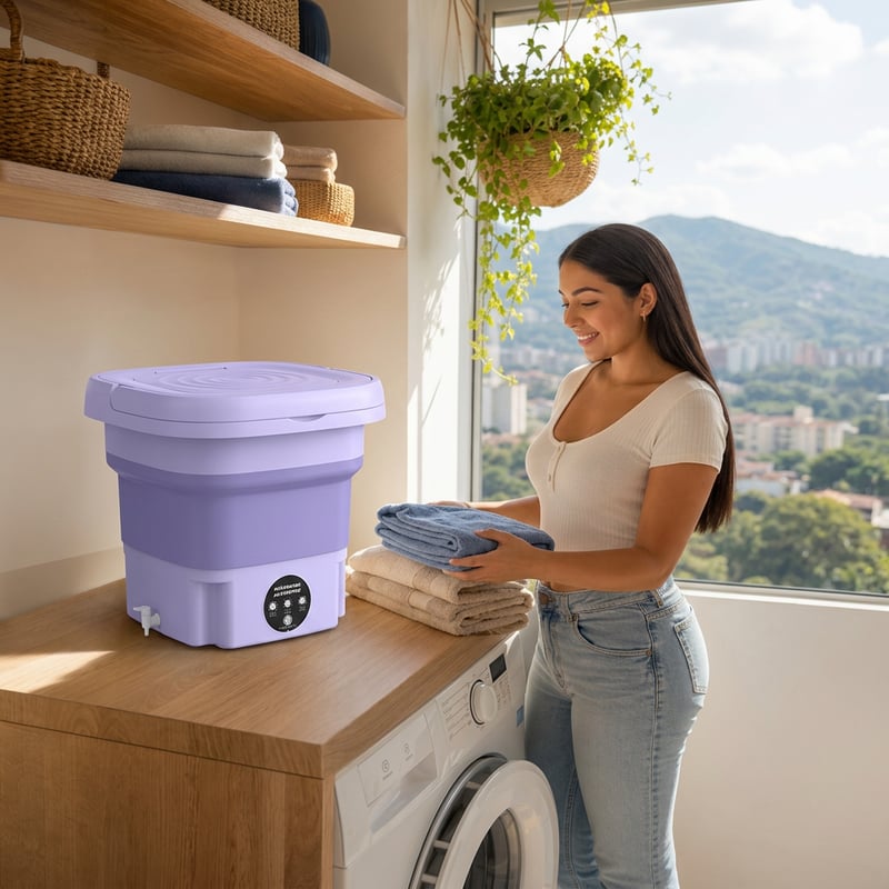 Ahorro en lavandería usando la mini lavadora portátil en casa