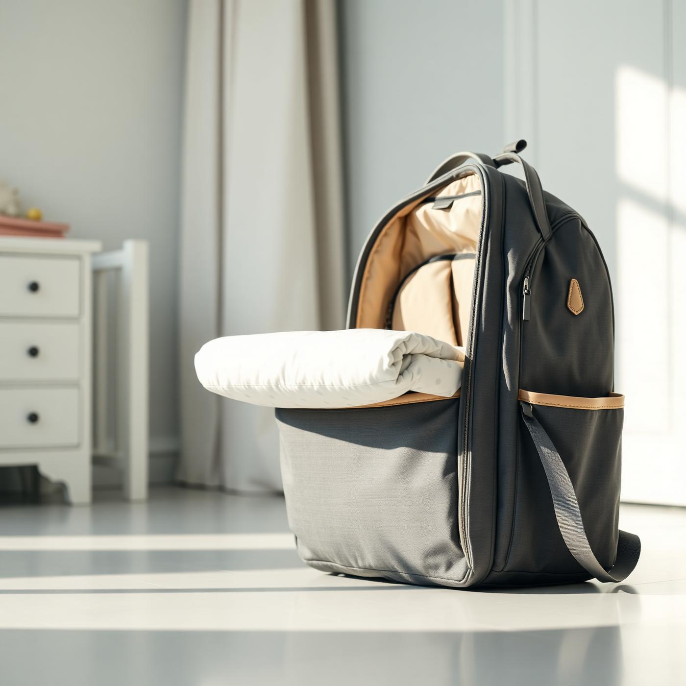 Pañalera morral tipo cuna abierta con cambiador desplegado en una habitación de bebé