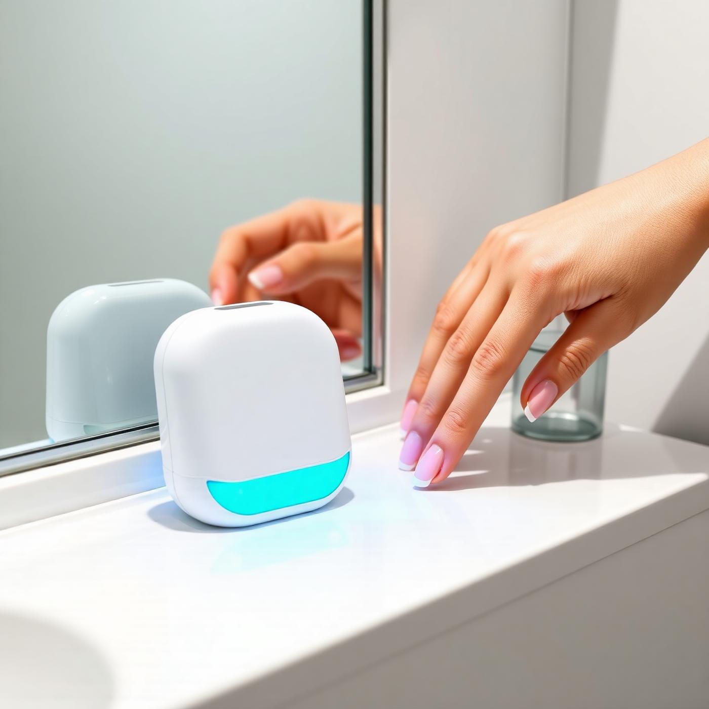 Láser antihongos para uñas con luz LED sobre el mesón del baño