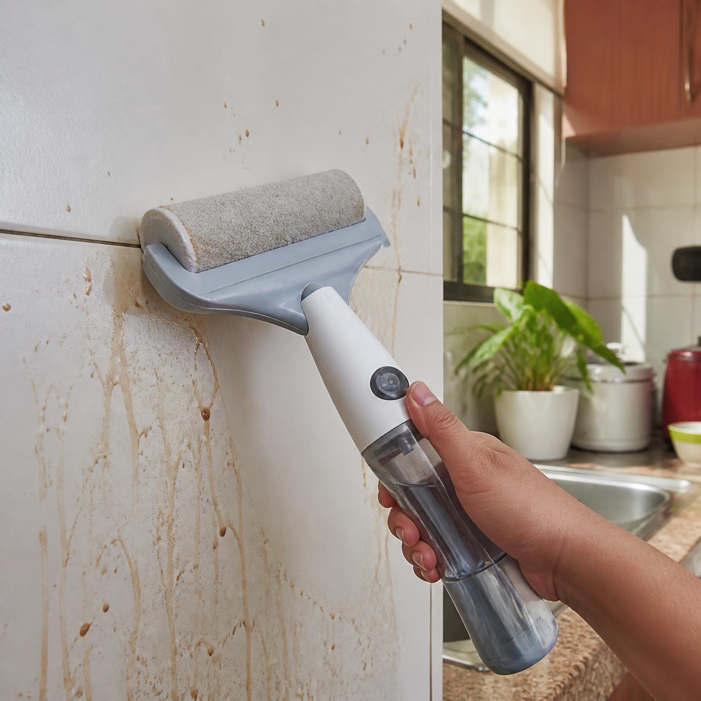 Rodillo mágico limpiando manchas de grasa en la pared de la cocina