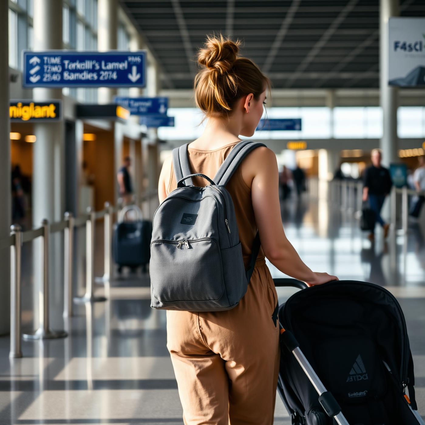 Mamá con la pañalera morral en el aeropuerto mientras empuja el coche del bebé