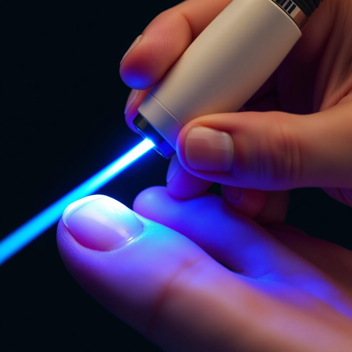 Luz láser azul del dispositivo aplicada sobre la uña