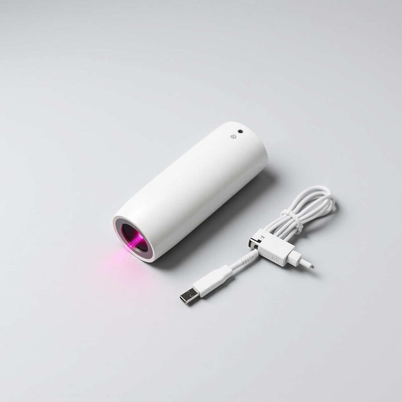 Láser antihongos con su cable de carga USB-C sobre fondo gris claro